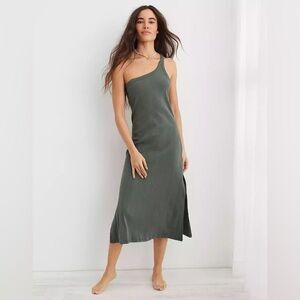 aerie one shoulder ribbed midi dress Aerie One Shoulder Green Ribbed Stretchy Midi Dress Size Medium With Side  Slits